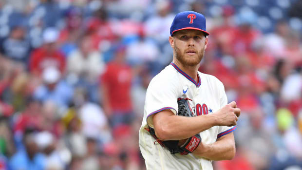 Jul 16, 2023; Philadelphia, Pennsylvania, USA; Philadelphia Phillies starting pitcher Zack Wheeler (45) against the San Diego Padres at Citizens Bank Park. Mandatory Credit: Eric Hartline-USA TODAY Sports